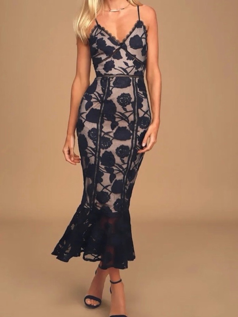 Lulu's Navy Lace-Overlay Midi Dress with Nude Lining